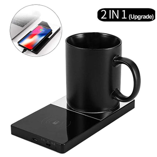 2 In 1 Heating Mug Cup Warmer Electric Wireless Charger For Home Office Coffee Milk - BADERCA 